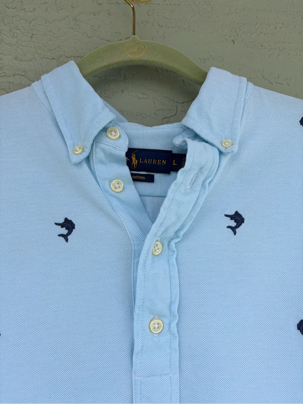 Men's Ralph Lauren Knit Oxford Polo, Short Sleeve Large, Blue Marlin Pattern L
